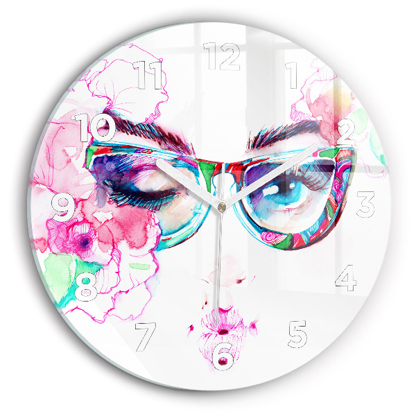 Round glass wall clock Woman with glasses