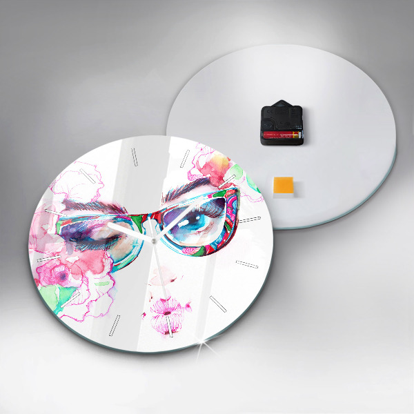 Round glass wall clock Woman with glasses