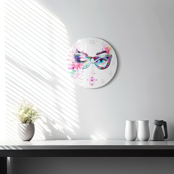Round glass wall clock Woman with glasses