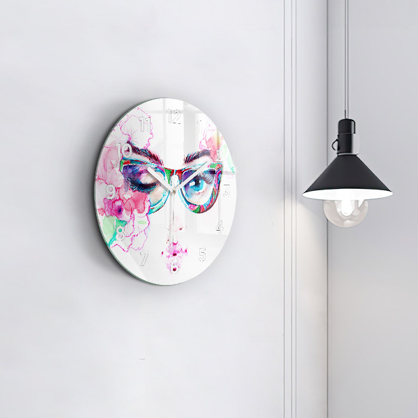 Round glass wall clock Woman with glasses