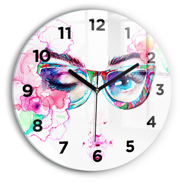 Round glass wall clock Woman with glasses
