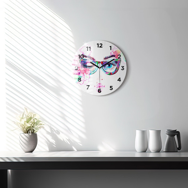 Round glass wall clock Woman with glasses