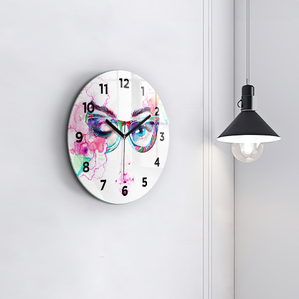 Round glass wall clock Woman with glasses