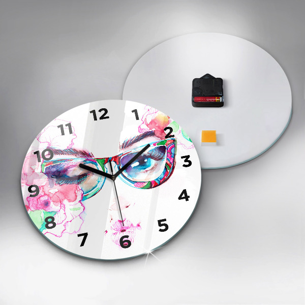 Round glass wall clock Woman with glasses