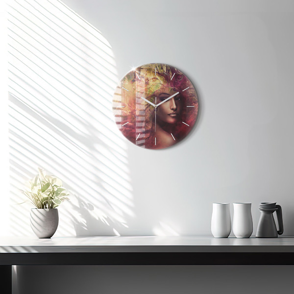 Round glass wall clock Portrait of a woman
