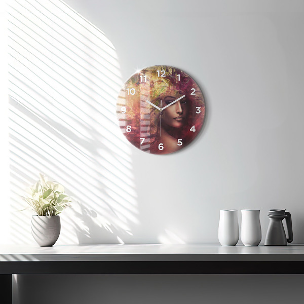 Round glass wall clock Portrait of a woman