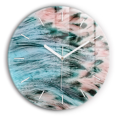 Round glass wall clock Colorful feathers