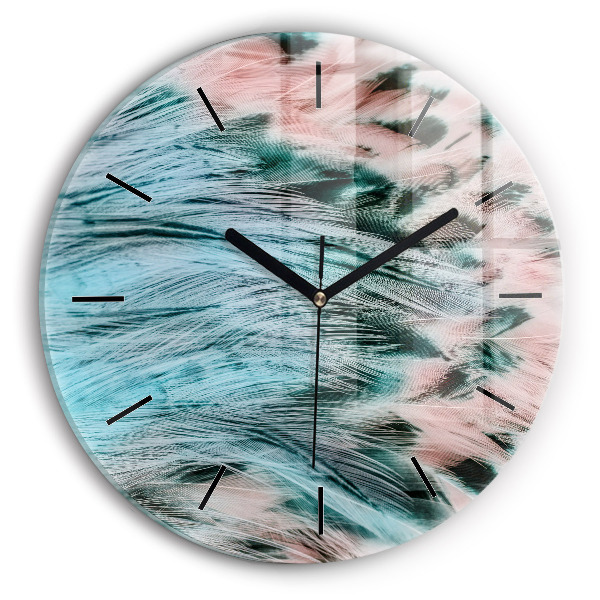 Round glass wall clock Colorful feathers