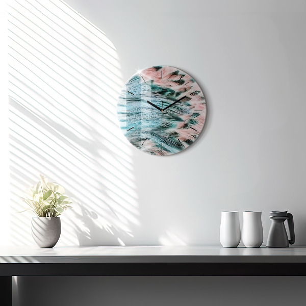 Round glass wall clock Colorful feathers