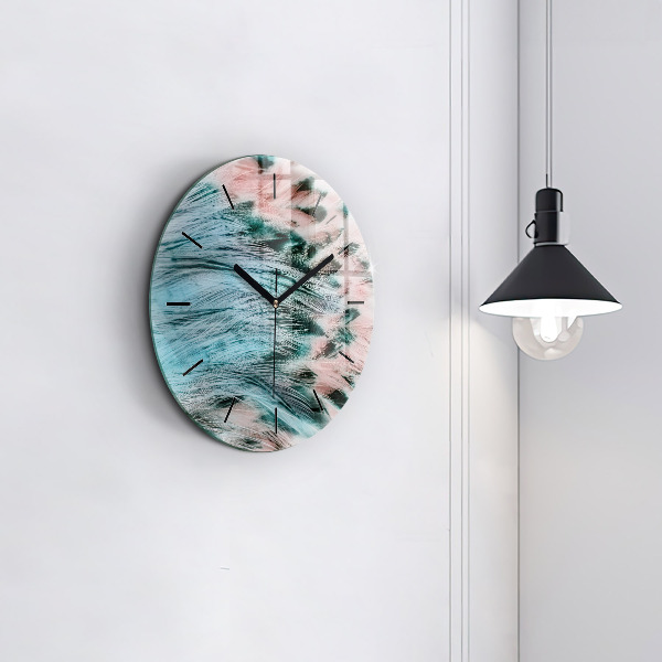 Round glass wall clock Colorful feathers