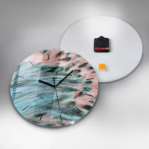 Round glass wall clock Colorful feathers