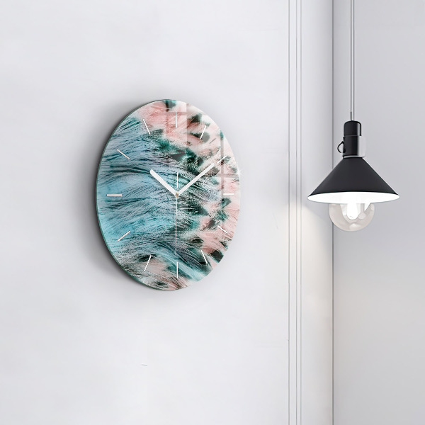 Round glass wall clock Colorful feathers