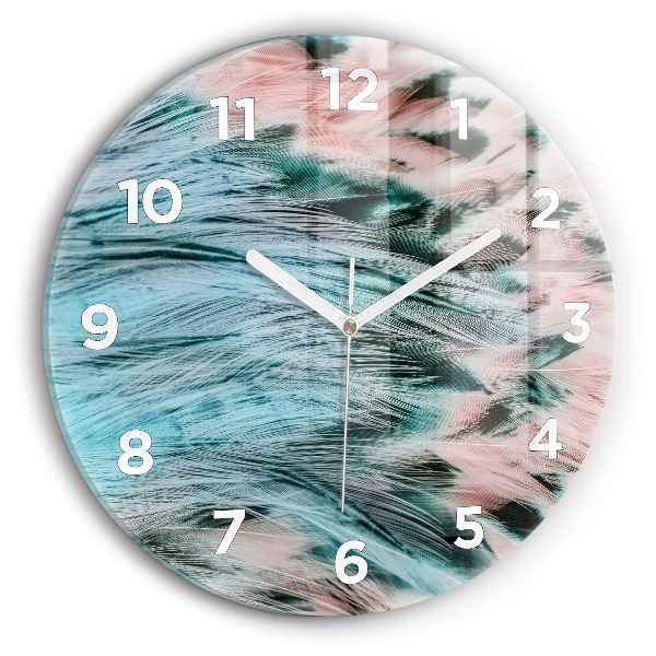 Round glass wall clock Colorful feathers