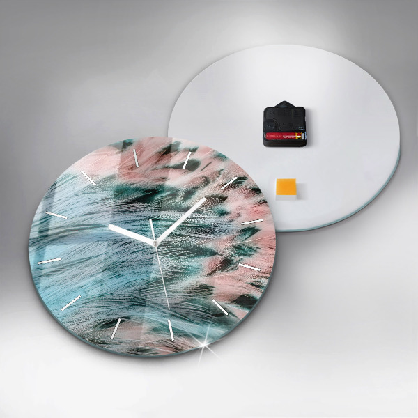 Round glass wall clock Colorful feathers