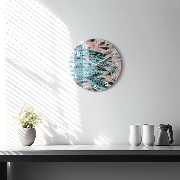 Round glass wall clock Colorful feathers