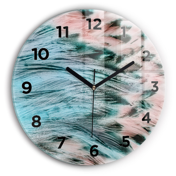 Round glass wall clock Colorful feathers