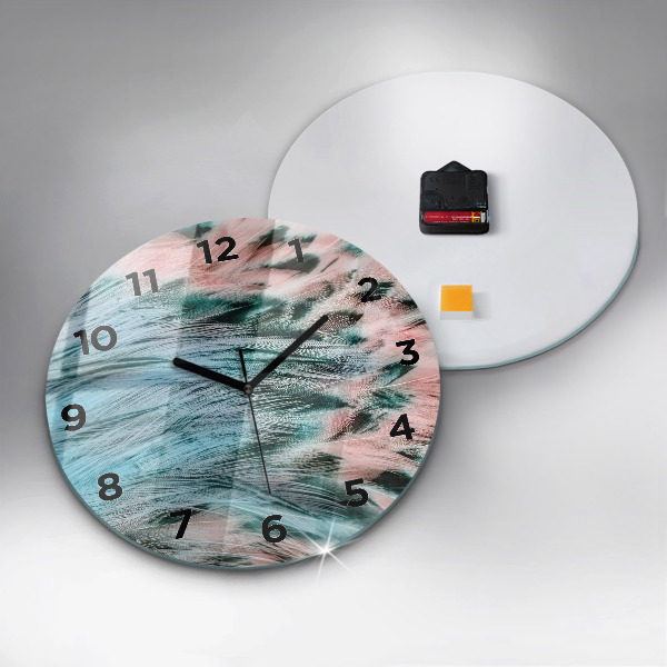 Round glass wall clock Colorful feathers