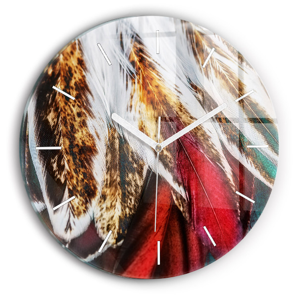Round glass wall clock Light brown bird feathers