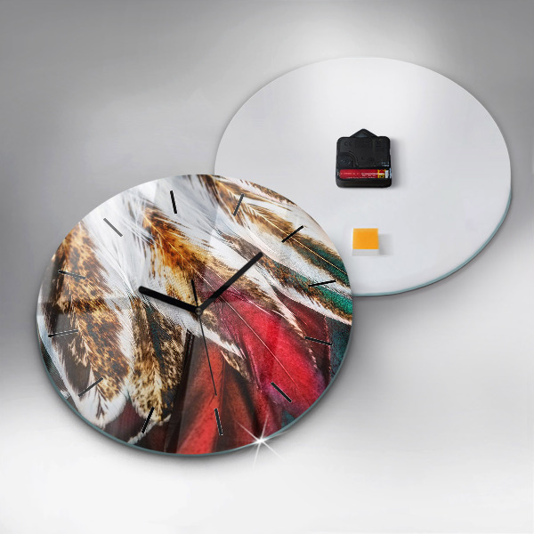 Round glass wall clock Light brown bird feathers