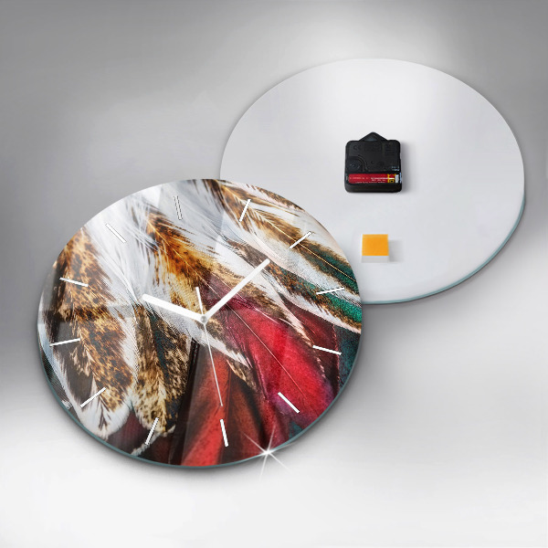 Round glass wall clock Light brown bird feathers