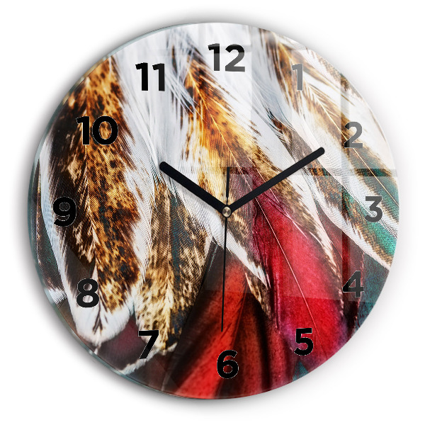 Round glass wall clock Light brown bird feathers