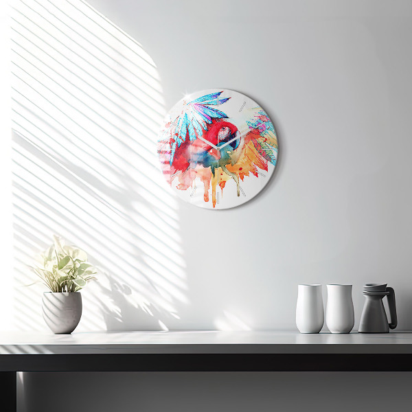 Round glass wall clock Colorful red parrot