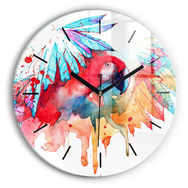 Round glass wall clock Colorful red parrot
