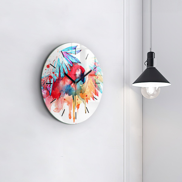 Round glass wall clock Colorful red parrot
