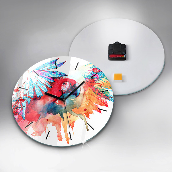 Round glass wall clock Colorful red parrot
