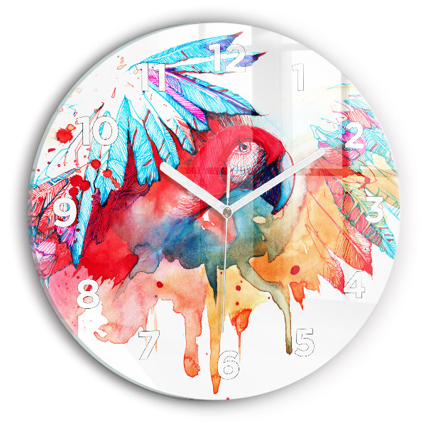 Round glass wall clock Colorful red parrot
