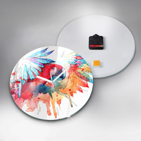Round glass wall clock Colorful red parrot