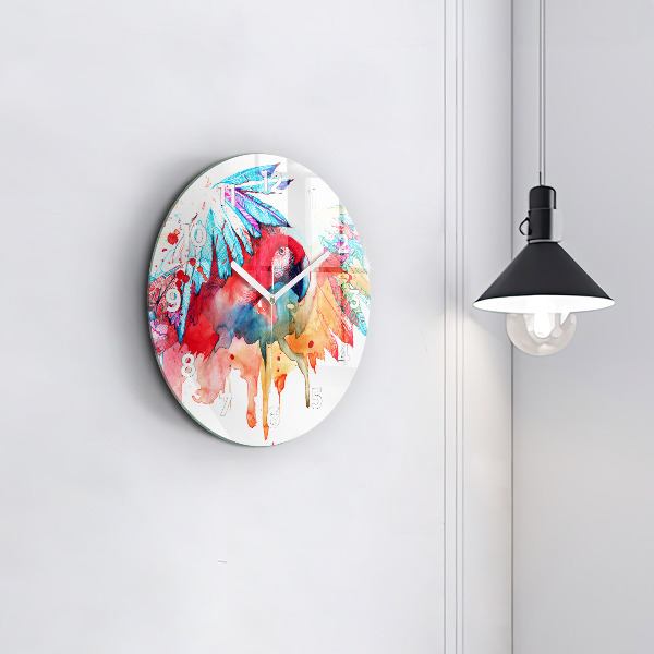 Round glass wall clock Colorful red parrot