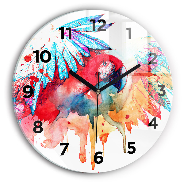 Round glass wall clock Colorful red parrot