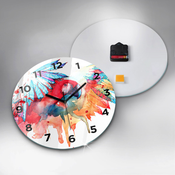 Round glass wall clock Colorful red parrot