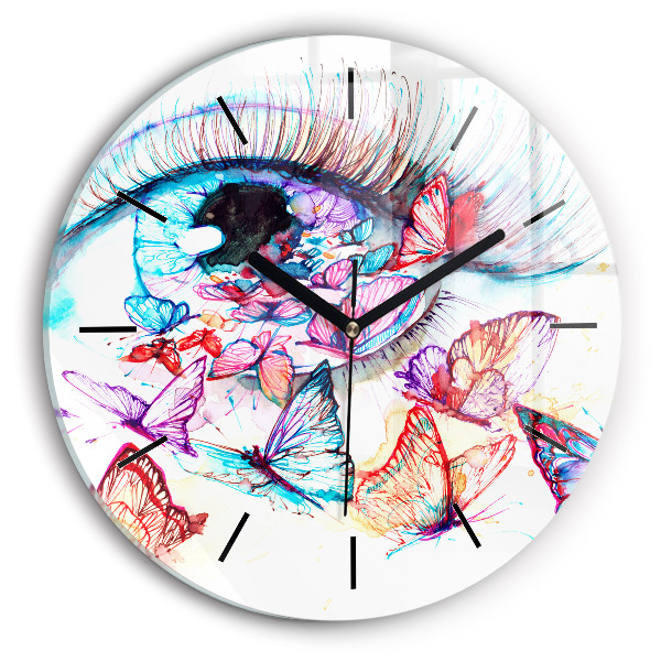 Round glass wall clock Colorful butterfly eye