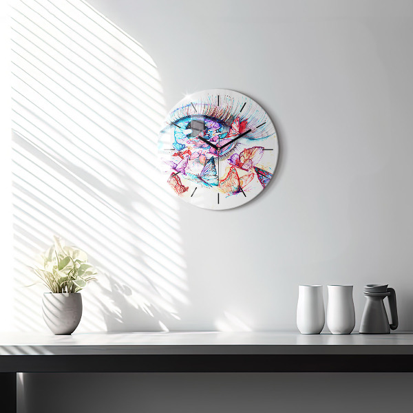 Round glass wall clock Colorful butterfly eye