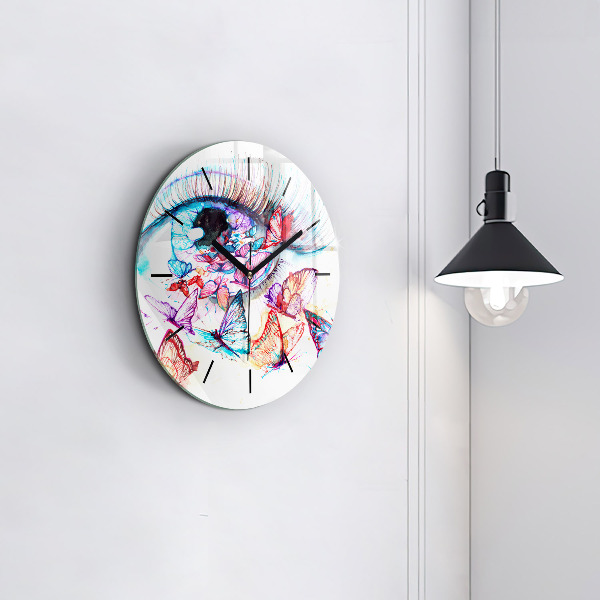 Round glass wall clock Colorful butterfly eye