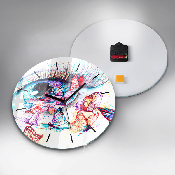 Round glass wall clock Colorful butterfly eye