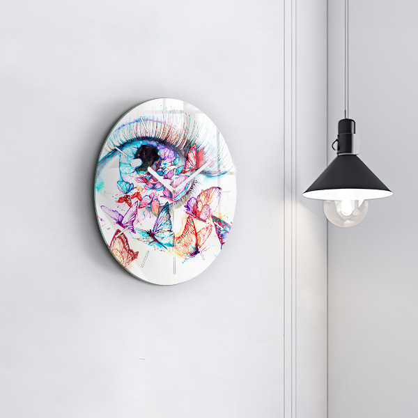 Round glass wall clock Colorful butterfly eye