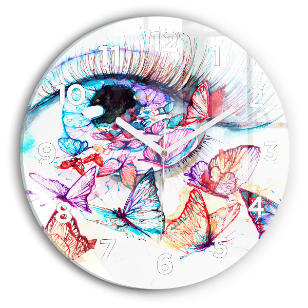 Round glass wall clock Colorful butterfly eye