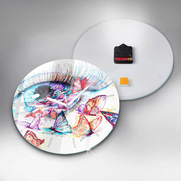 Round glass wall clock Colorful butterfly eye