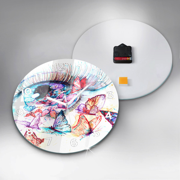 Round glass wall clock Colorful butterfly eye