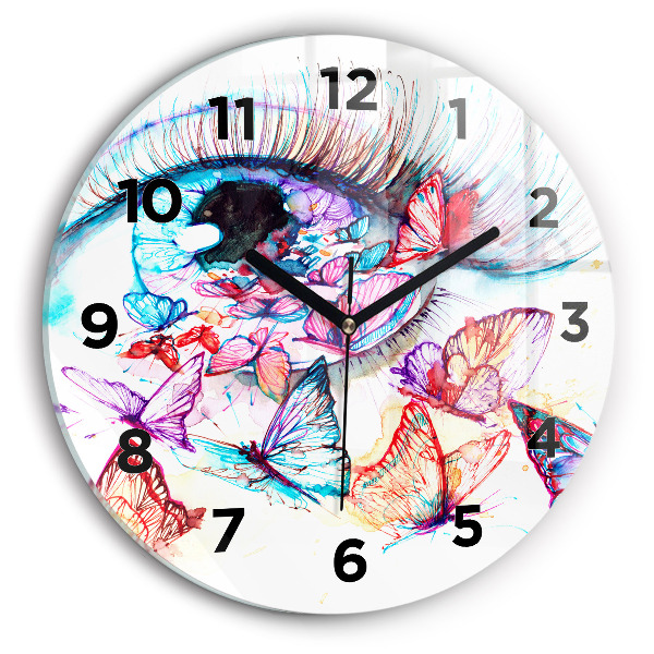 Round glass wall clock Colorful butterfly eye