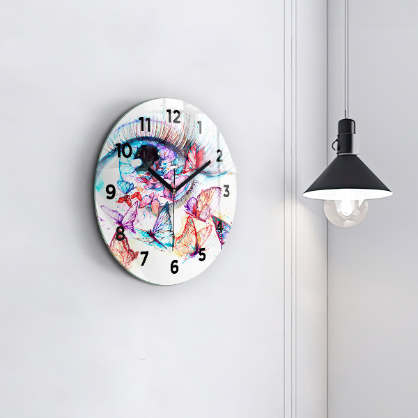 Round glass wall clock Colorful butterfly eye