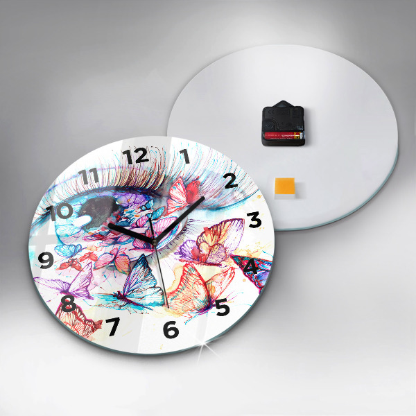 Round glass wall clock Colorful butterfly eye
