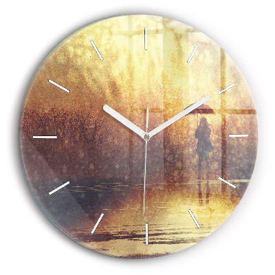 Round glass wall clock woman with umbrella