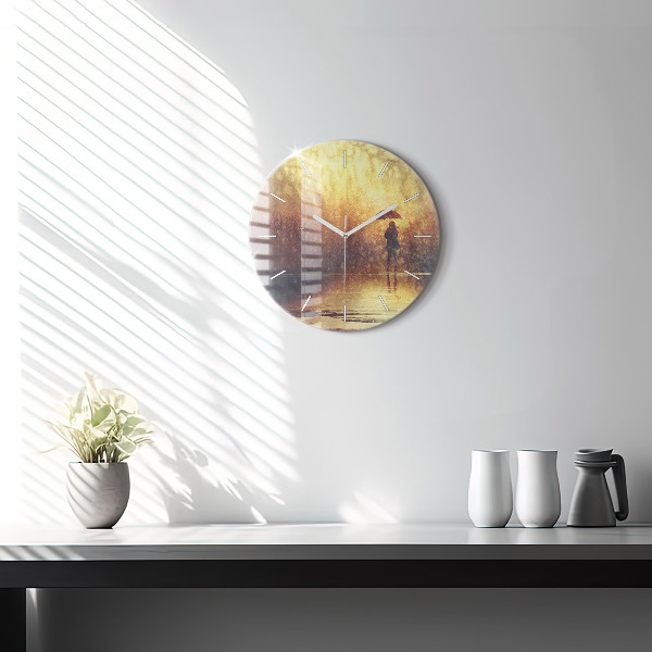 Round glass wall clock woman with umbrella