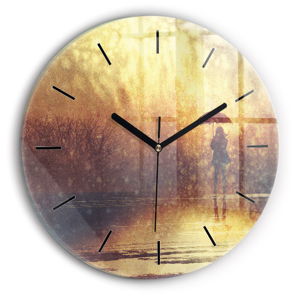 Round glass wall clock woman with umbrella
