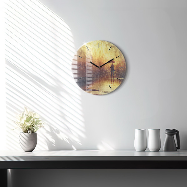 Round glass wall clock woman with umbrella