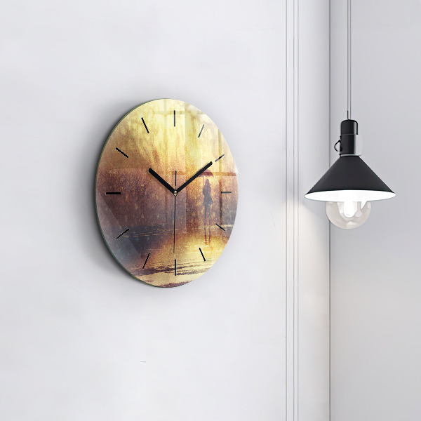 Round glass wall clock woman with umbrella